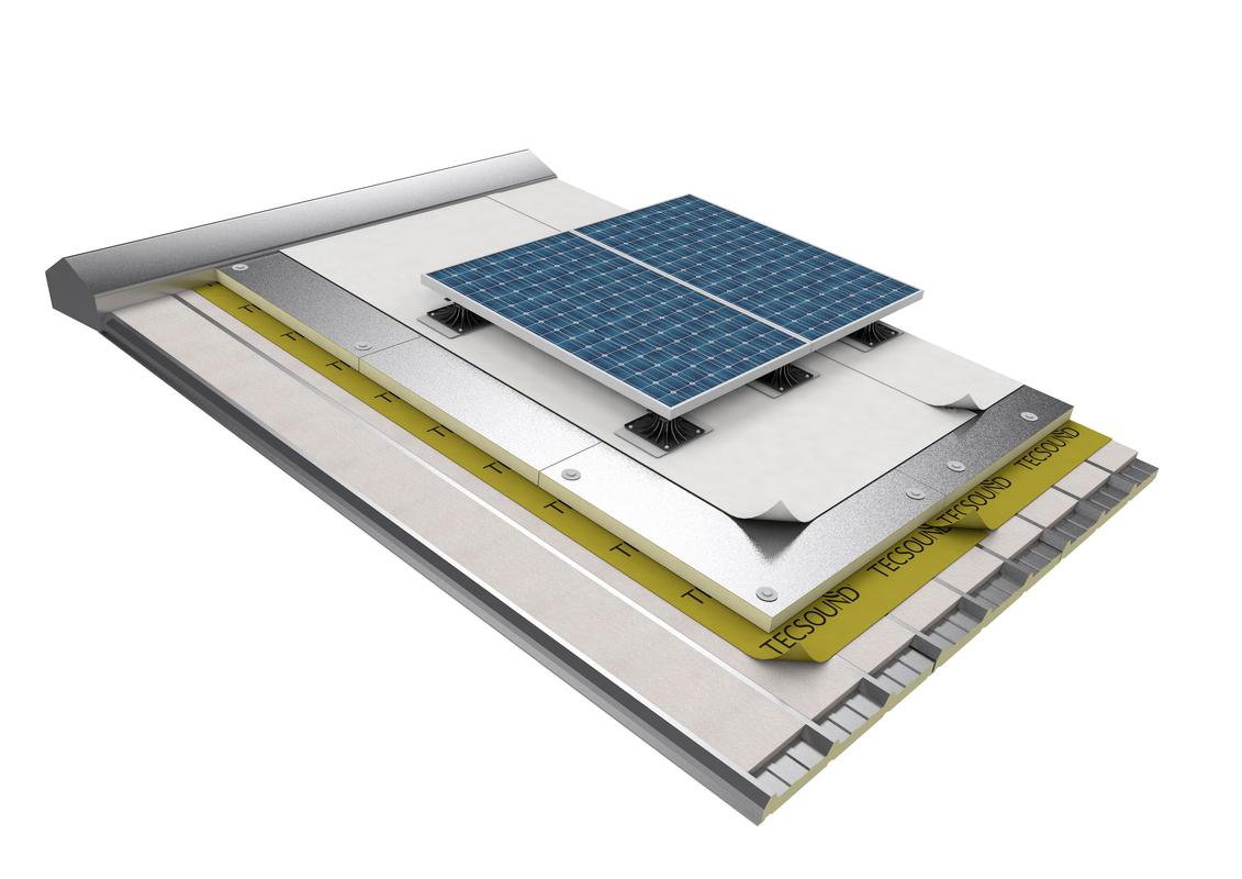 REHABILITACIÓN DE CUBIERTA DE CHAPA CON SISTEMA DE IMPERMEABILIZACIÓN SINTÉTICA PVC, AISLAMIENTO ACÚSTICO TECSOUND,  AISLAMIENTO TÉRMICO EPS Y PIR Y SOPORTES SOPRASOLAR